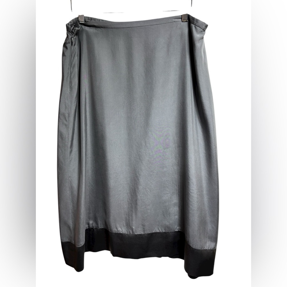Blue Illusion 100% Silk Midi Skirt Gunmetal Black Hem Size‎ L Side Zip Luxe #413